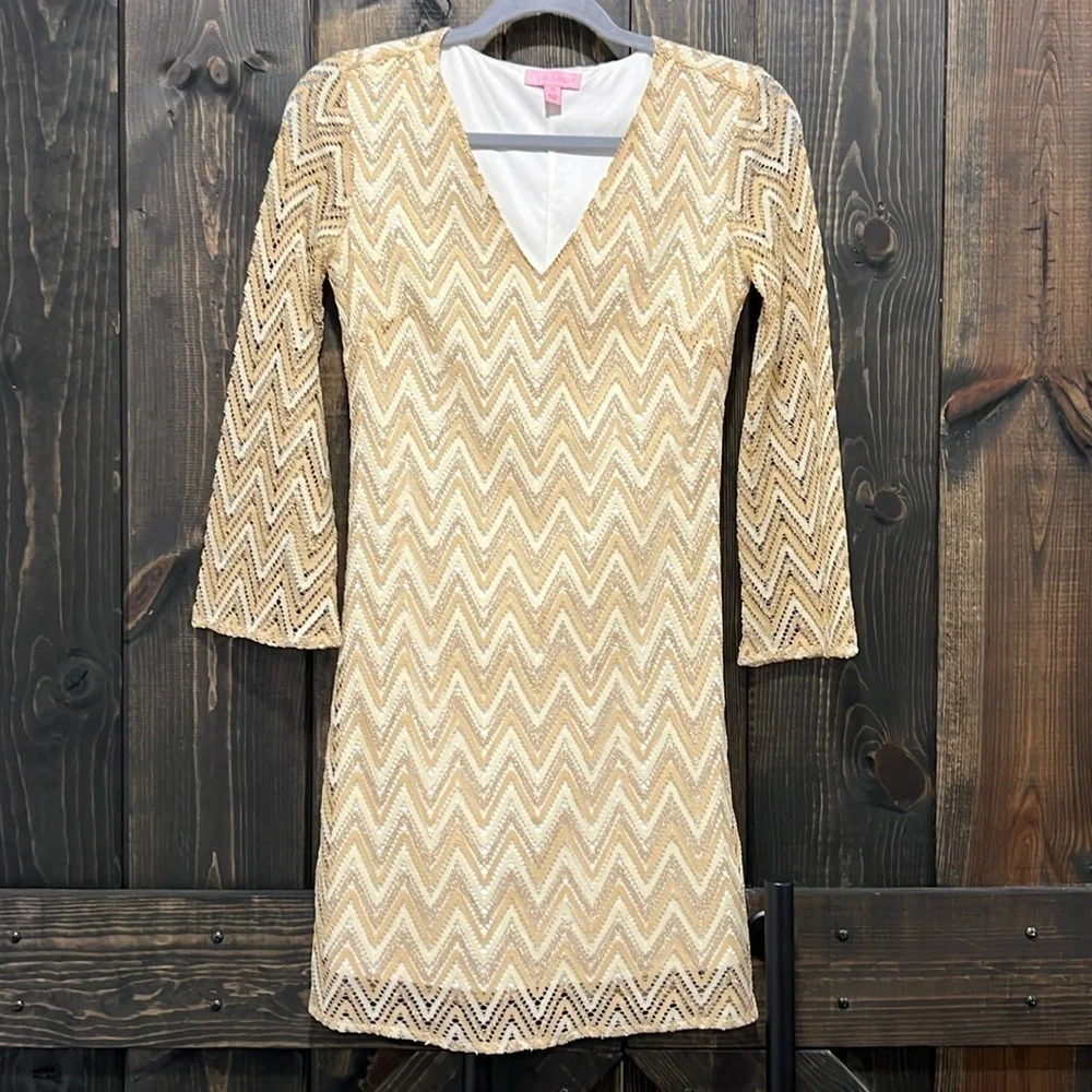 Lilly Pulitzer Dress Size XS Gold White Metallic Chevron‎ Lace Polyester Mini